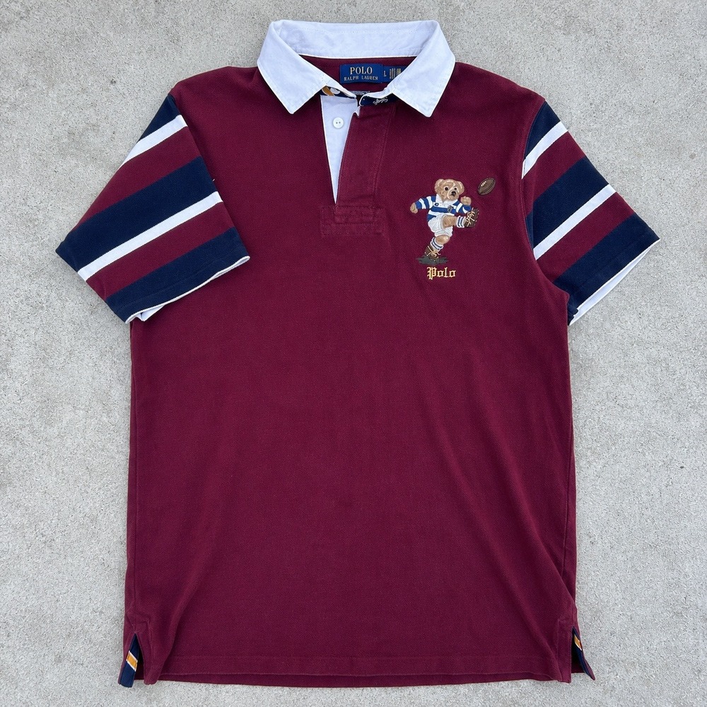 Polo Ralph Lauren Rugby Bear Shirt Large Maroon Custom Slim Fit Football Polo L